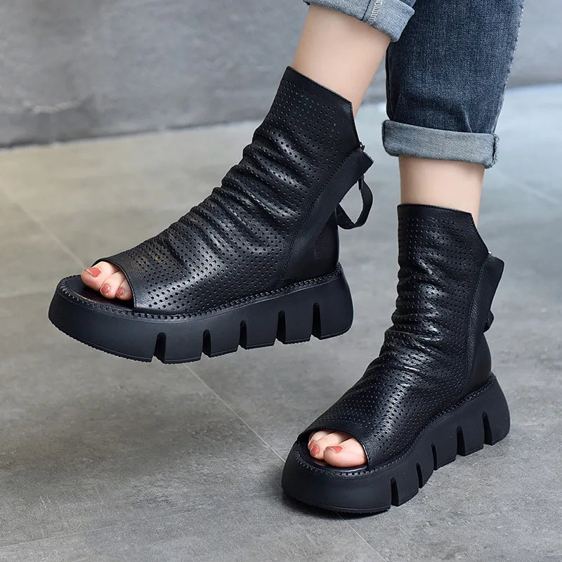 Futurecen  spring and summer new fashion platform shoes cowhide cold boots leather cave shoes fish mouth shoes