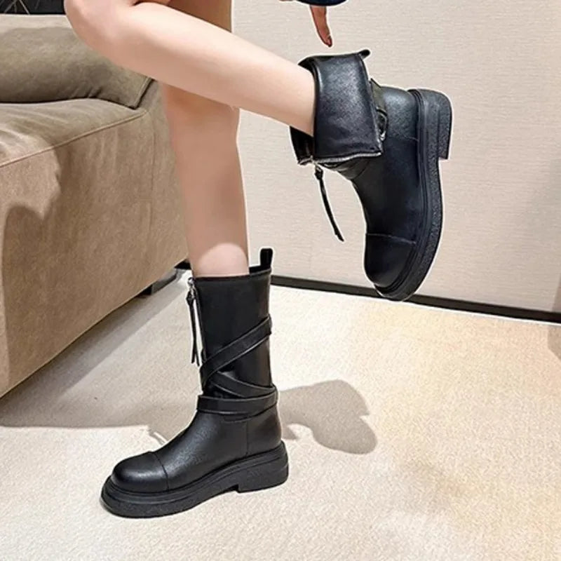 Futurecen  -  Thick Base Knight Boots Women New Vintage Middle-length Boots Front Zipper-up Western Shoes British Style Cross Buckle Shoe