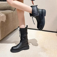 Futurecen  -  Thick Base Knight Boots Women New Vintage Middle-length Boots Front Zipper-up Western Shoes British Style Cross Buckle Shoe