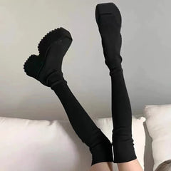 Futurecen  High Chunky Heeled Women Sock Boots Over The Knee Mid-calf Platform Wedges Stretchable New Autumn Winter Lady Booties