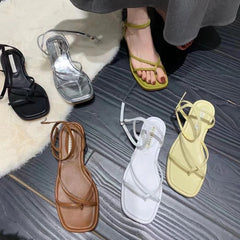 Summer Women Sandal Shoes Low Round Heel Narrow Band Gladiator Casual Sandal Ladies Casual Outdoor Beach Slides