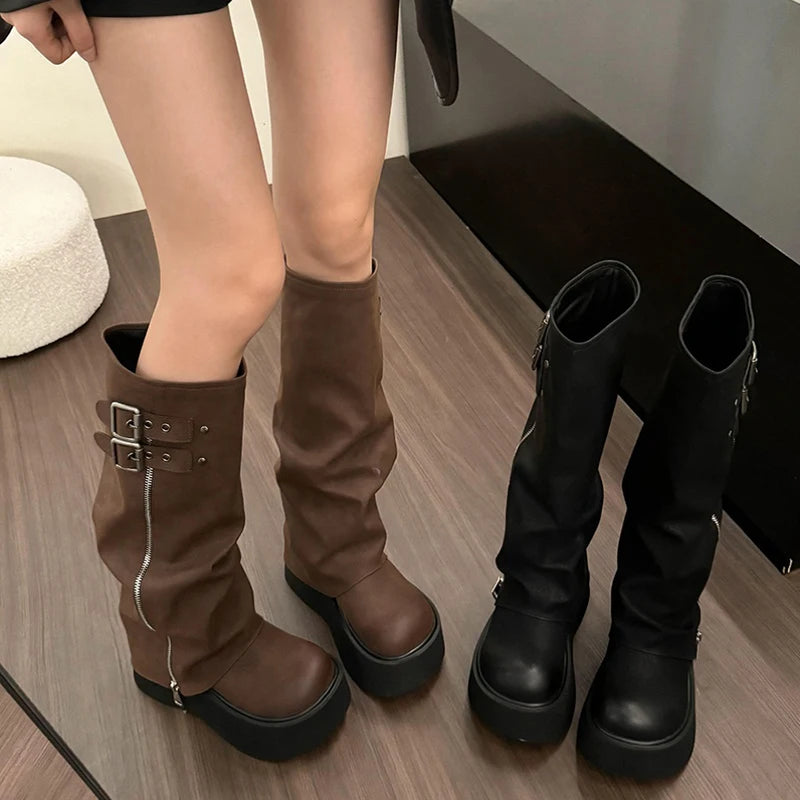 Futurecen Chunky Women Knight High Boots Fashion Platform Flats Trouser Long Booties Autumn Winter Female Western Cowboy Shoes