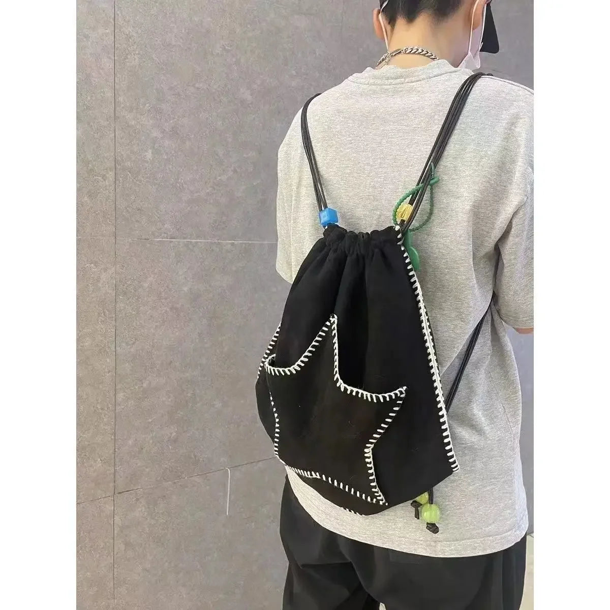 Futurecen  -  Korean Star Black Shoulder Bags Y2K Casual Drawstring Bag Crossbody Bag Vintage Aesthetic Travel Backpack Student Schoolbag