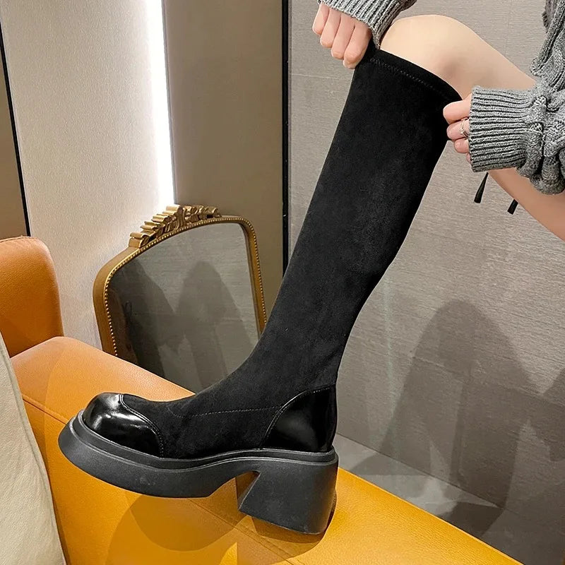 Futurecen  -  Women Suede Platform Boots Classic Black Winter Motorcycle Boots Retro Elastic Socks Overshoes Knee High High Heels Shoes