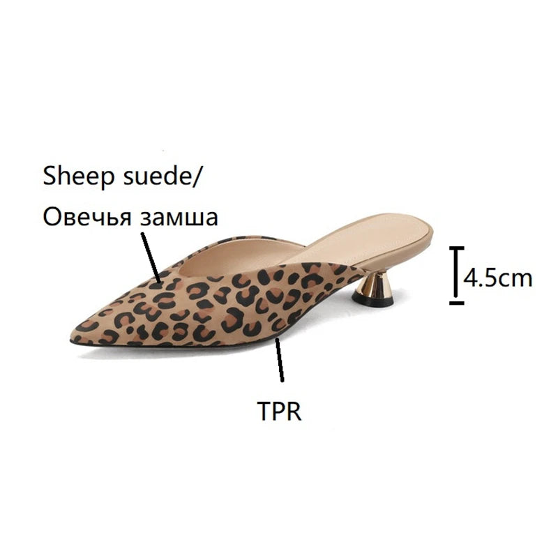 Futurecen  - Leopord Women Sandals Summer Women Slippers Pointed Toe Thin Heel Women Shoes Sheep Suede Leather High Heels Handmade Mules