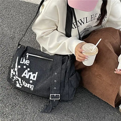 Futurecen  - fancy bags Women Vintage Letter Messenger Bags Denim Y2k Soft Crossbody Bag High Capacity Unisex School Bags Street Style Tote Handbag New