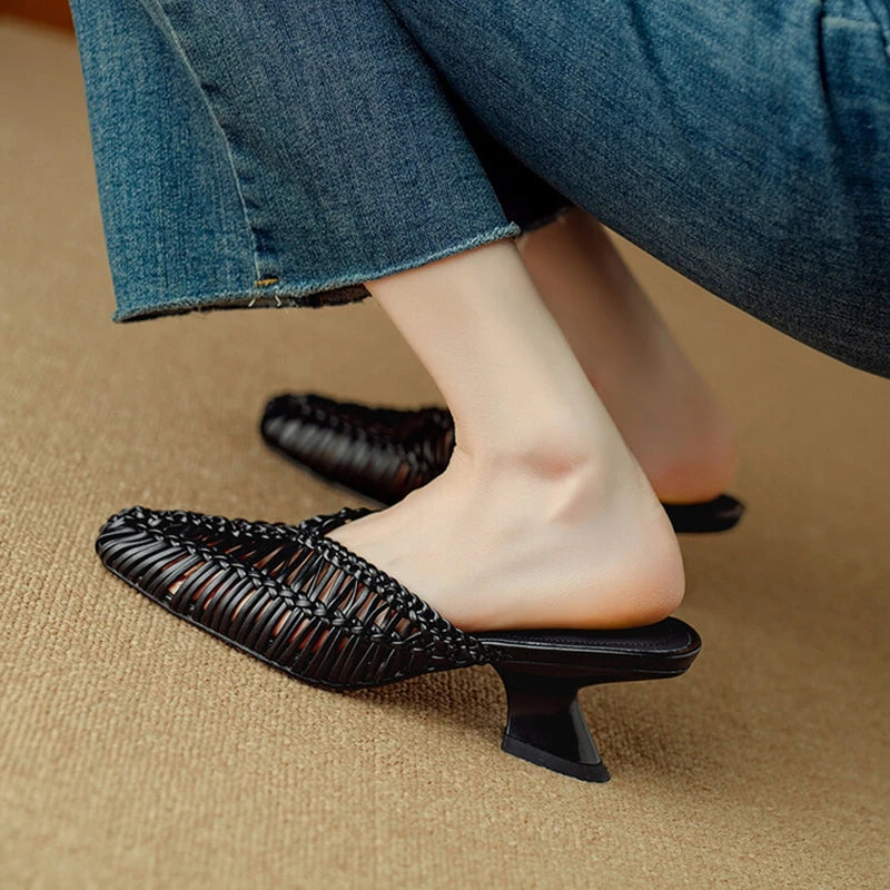 Futurecen  -  NEW Summer Women Mules Fashion Shoes for Women Pointed Toe High Heel Slippers Cover Toe Slingback Sandals Weave Handmade Shoes