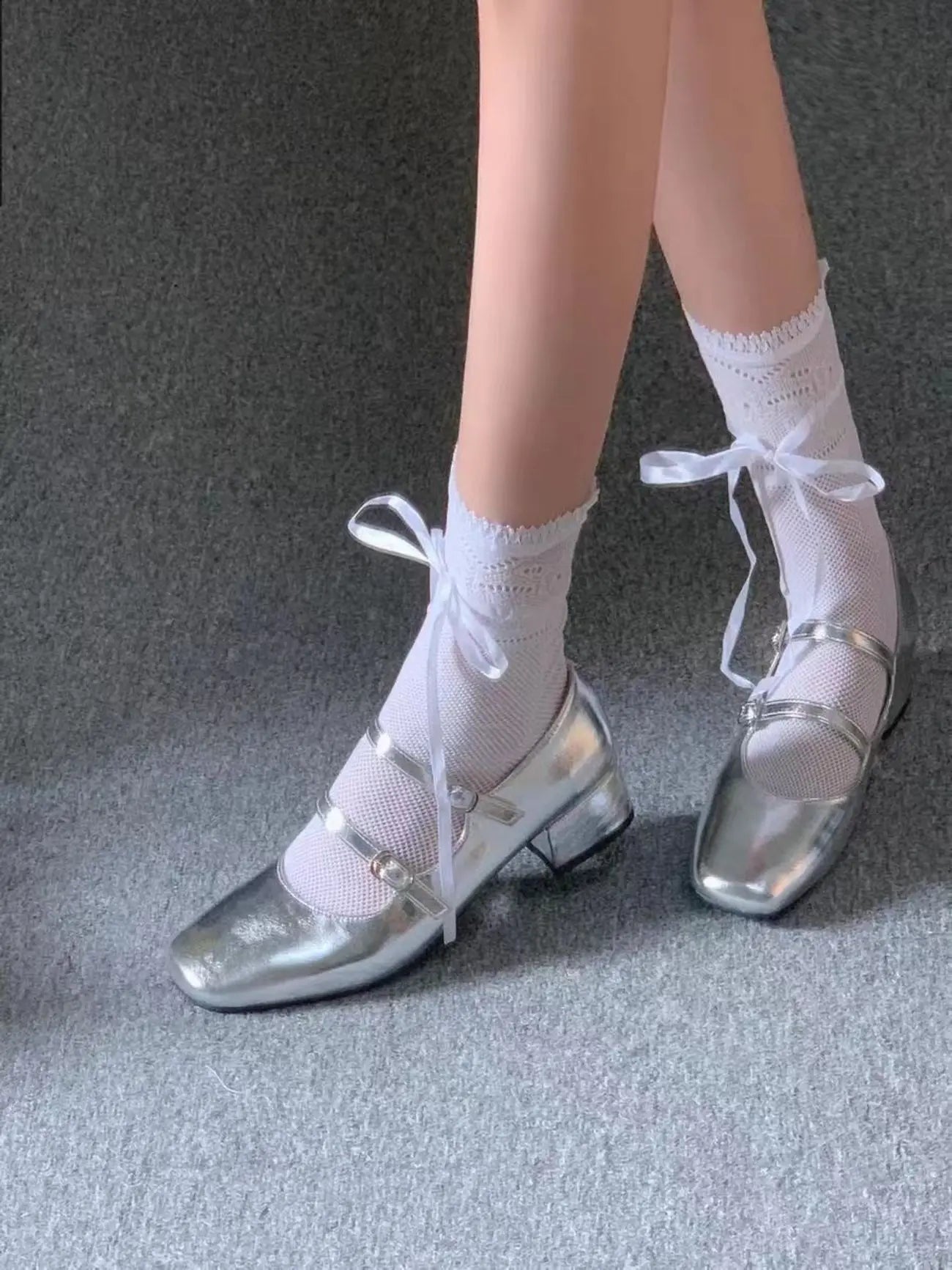 Futurecen  NEW Elegant Silver Ballet Shoes Lady Sweet Mary Jane Thick High-heeled Shoes Heels Retro Footwear Lolita Shoes