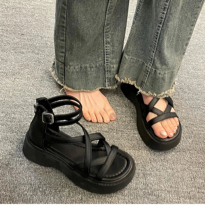 Futurecen Summer Gladiator Platform Flats Women Sandals Fashion Open Toe Narrow Band Shoes Ladies Outdoor Party Dress Sandals