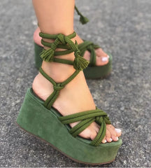 Futurecen Platform Wedge Strappy Sandals Women Fashion Round Toe Cross Tied Height Increase Open Toe Women Sandals