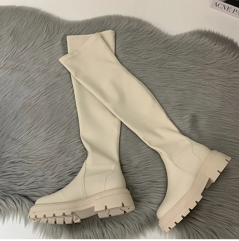 Futurecen Winter Long Boots For Women Fashion Slip On Square Heel Over the Knee High Boots Winter Shoes Ladies Elegant Modern Booties