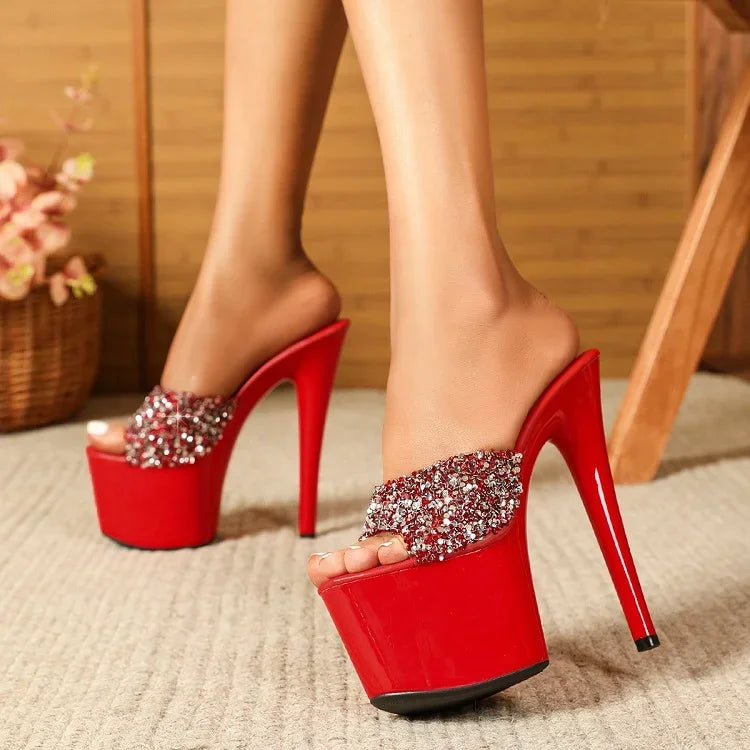 Futurecen Fashion Platform Bling Sequin Wedding Stripper Woman Slippers Sexy Peep Toe Fetish Thin High Heels Summer Shoes