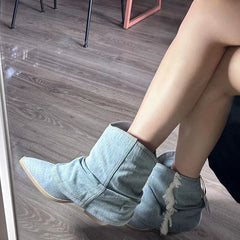 Futurecen Pointed Toe Denim Women Western Cowboy Boots Fashion Slip On Short Booties Retro Style Autumn Winter Female Shoes