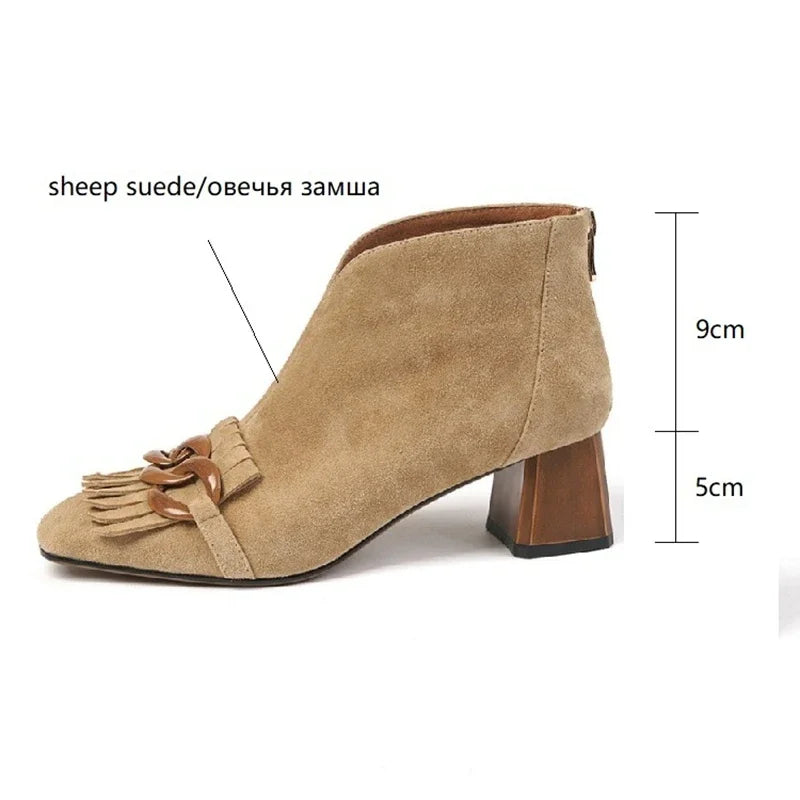 Futurecen HOT SALES Autumn/Winter Women Boots Sheep Suede Round Toe Square Mid-Heel Ankle Boots Tassel Zipper Fashion Office Ladies Shoes