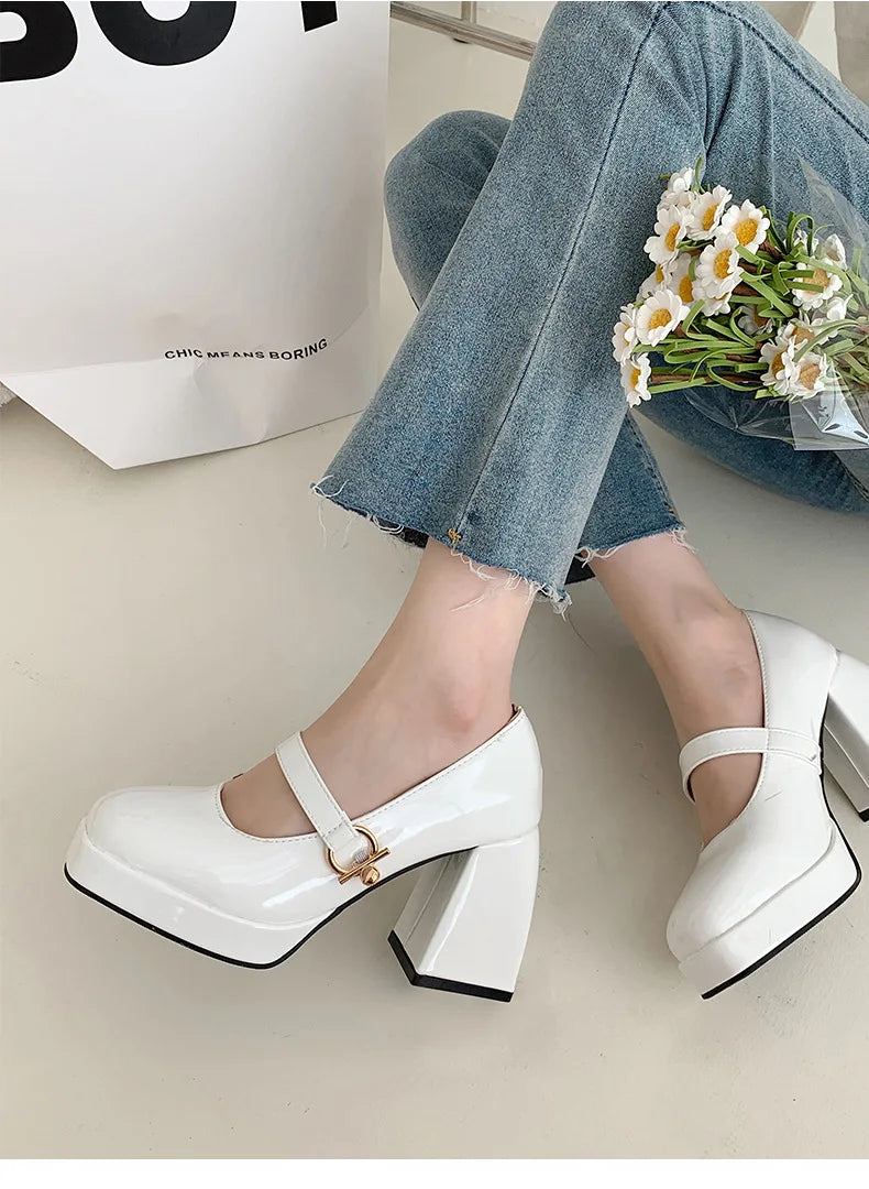 Futurecen Thick-heeled High-heeled Women's Spring and Autumn New Style Short Shallow Square Head French Shoes Women Shoes