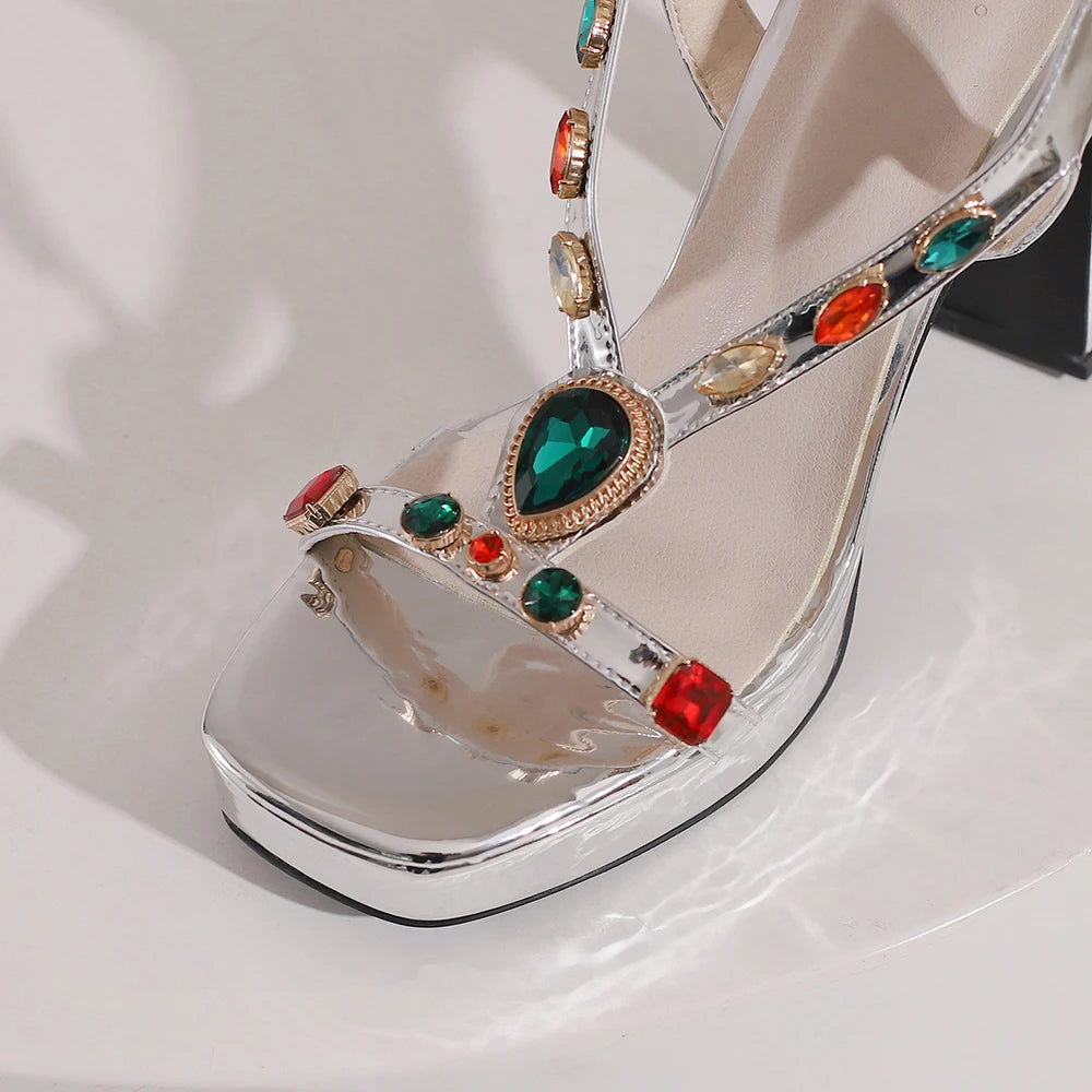 Futurecen High-heeled Platform Sandals Women New Fashion Colorful Gems Heels 2024 Summer Silver Square Heel Women Shoes Sandal