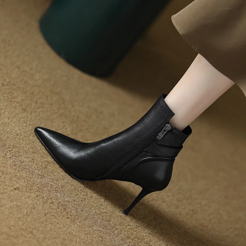 Futurecen  -  NEW Autumn Women Shoes Genuine Leather Ankle Boots for Women Pointed Toe Super High Heel Shoes Elegant Thin Heel Boots for Women