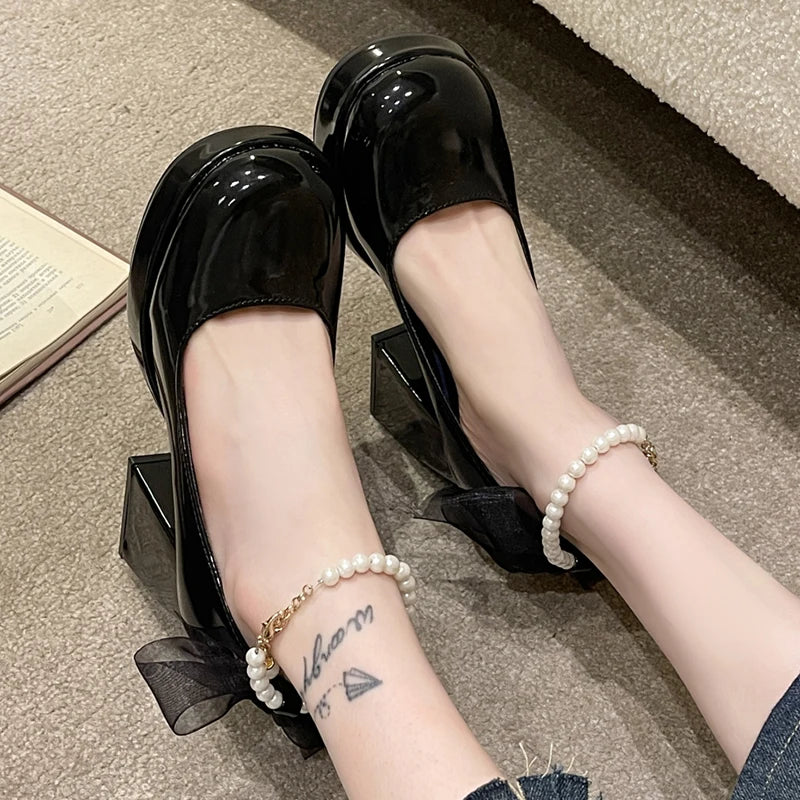 Pearl Ankle Strap Platform Pumps for Women Super High Heels Patent Leather Mary Jane Shoes Woman Lace Bowknot Dress Shoes Ladies