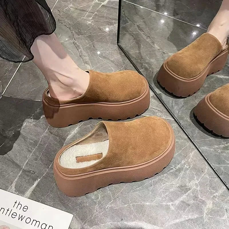 Futurecen  -  Winter Platform Flats Women Warm Fur Mules Slippers Fashion Slip on Slides Comfort Casual Home Female Cotton Shoes