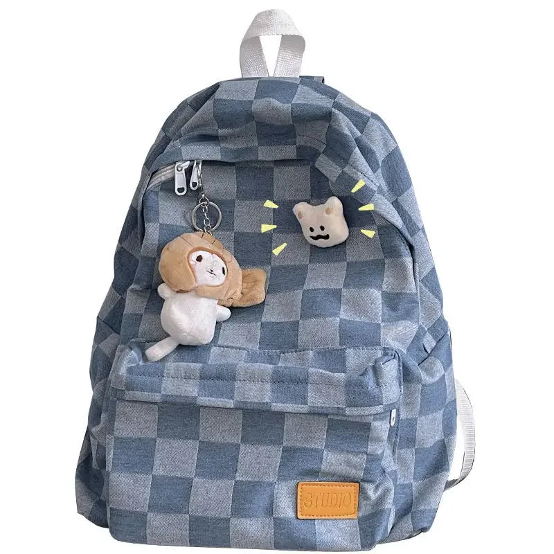 Futurecen  -  fancy bags Korea Preppy High School High-capacity Student Backpack Vintage Plaid Denim Y2k Aesthetic Travel Backpack Office Lady Laptop Bag