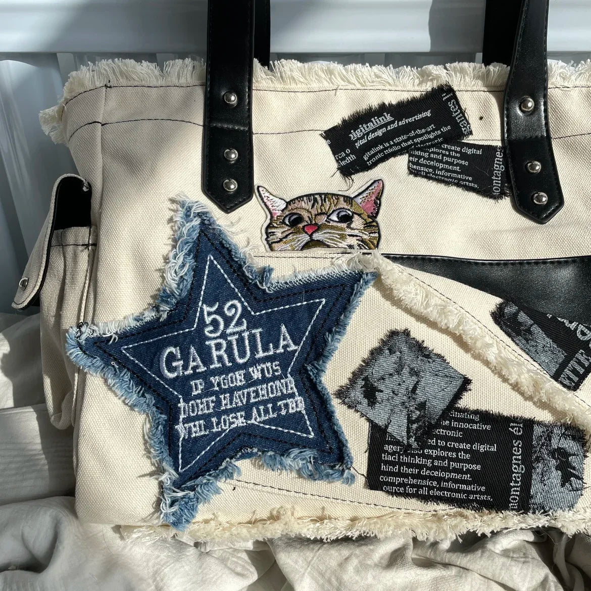 Futurecen  -  All Match Star Patchwork Aesthetic Tote Bag Vintage Canvas Preppy Student Underarm Shoulder Bag Office Lady Literary Handbag