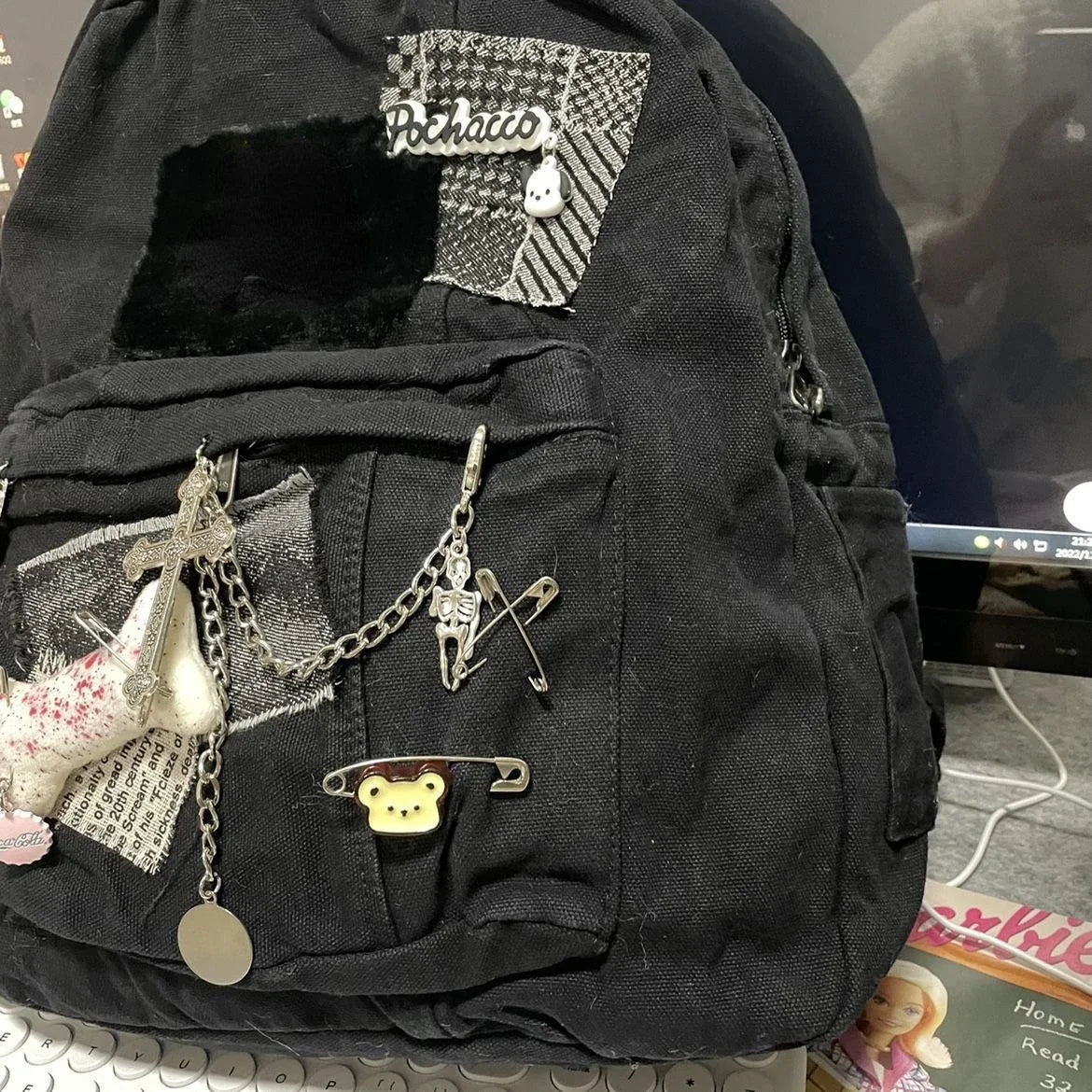 Futurecen  -  New High-capacity Cross Bone Aesthetic All Match Student School Backpack Korean Fashion Denim Black Irregular Cute Backpack