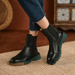 Futurecen  Autumn/Winter Fashion Women Boots Thick Heel Two Colors Retro Chelsea Boot Cow Leather Women Platform Boot Flat Women Shoes