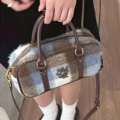 Vintage Plaid Womens Handbag College Style New Fashion Bowling Shoulder Bag Aesthetic Original Female Pillow Crossbody Bag