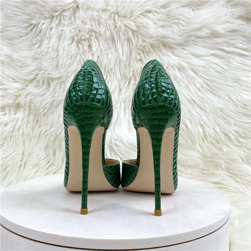 Futurecen  Green Croc-Effect Women D'Orsay Inisde Cut Pointed tOe Stiletto Pumps Sexy Ladies Party Night Club High Heel Shoes