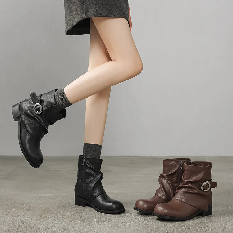 Futurecen NEW Autumn Women Boots Split Leather Shoes for Women Round Toe Chunky Heel Shoes Zipper Short Pants Boots Buckle Modern Boots