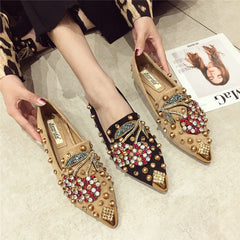 Futurecen Woman Flats Shoes Rhinestone Cherry Spring New Female Metal Pointed Toe Casual Shoes Comfortable Flat Shoes