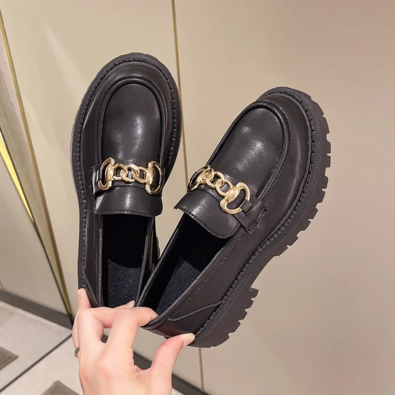 Female Shoes Women Fashion Mary Janes Round Toe Flats Loafers Oxfords Platform Casual Metal Chain Buckle Ladies Heels Black