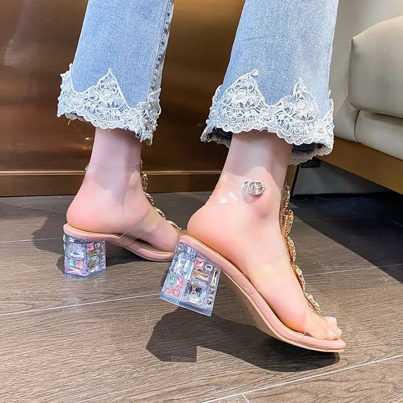 Futurecen Plastic Sandal Block Heels Summer Sale Of Women's Shoes Suit Female Beige Buckle Strap All-Match Transparent Chunky Fashion