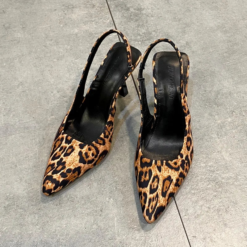 Futurecen  -  Spring New Brand Woman Slingback Shoes Fashion Leopard Print Ladies High Heels Elegant Pointed Toe Slip on Sandal Mules