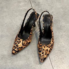 Futurecen  -  Spring New Brand Woman Slingback Shoes Fashion Leopard Print Ladies High Heels Elegant Pointed Toe Slip on Sandal Mules