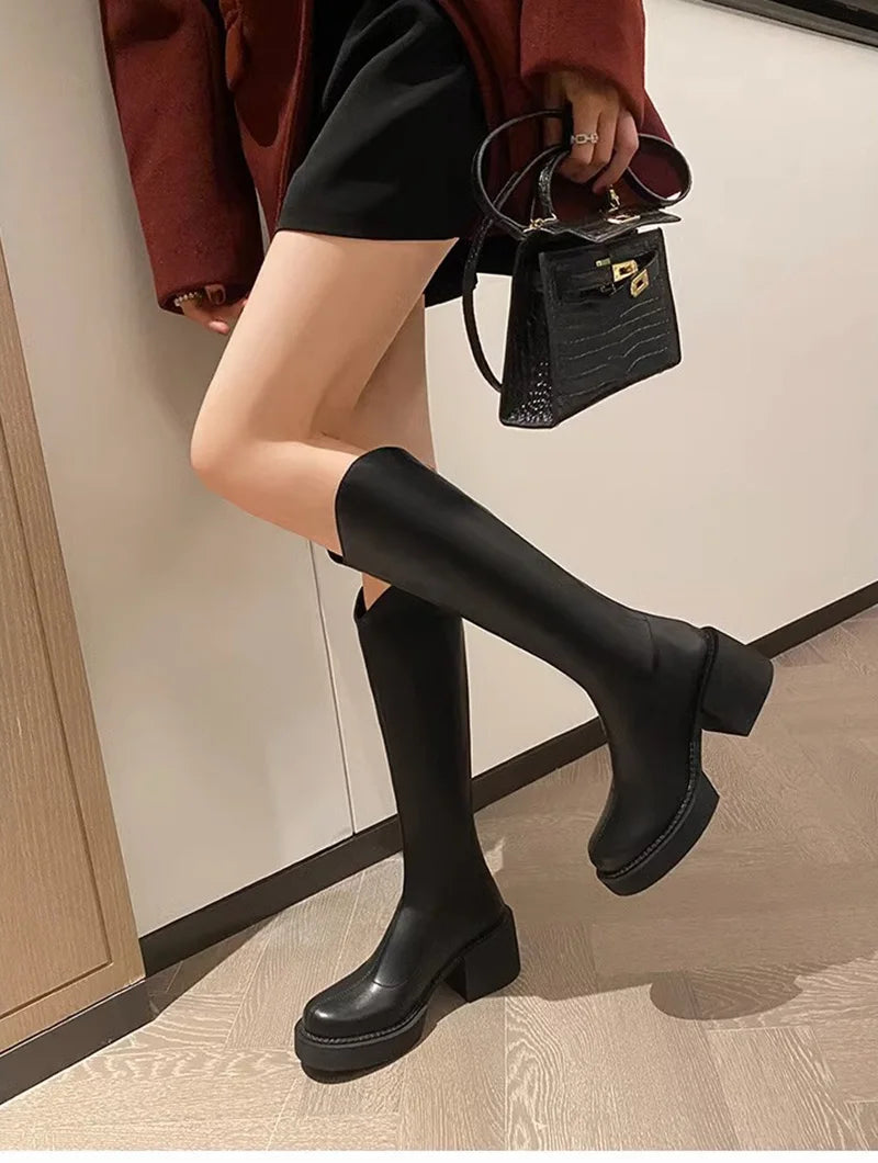 Futurecen Winter Women Knee High Boots Fashion Platform Ladies Elegant Square High Heel Long Knight Booties Winter Women's Footwear