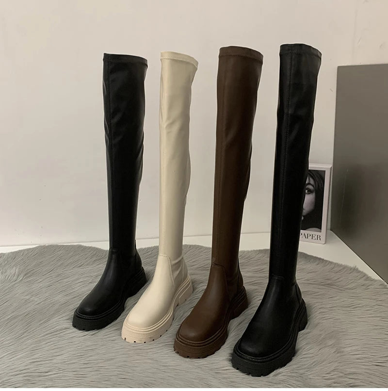 Futurecen Winter Long Boots For Women Fashion Slip On Square Heel Over the Knee High Boots Winter Shoes Ladies Elegant Modern Booties