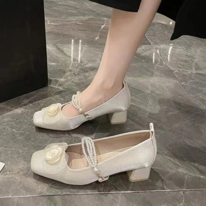 Futurecen  -  New Chinese Sweet Flower Women Shoes Simple and Gentle Style Coarse Heel Camellia Mary Jane Shoes French Silk Wedding Shoes