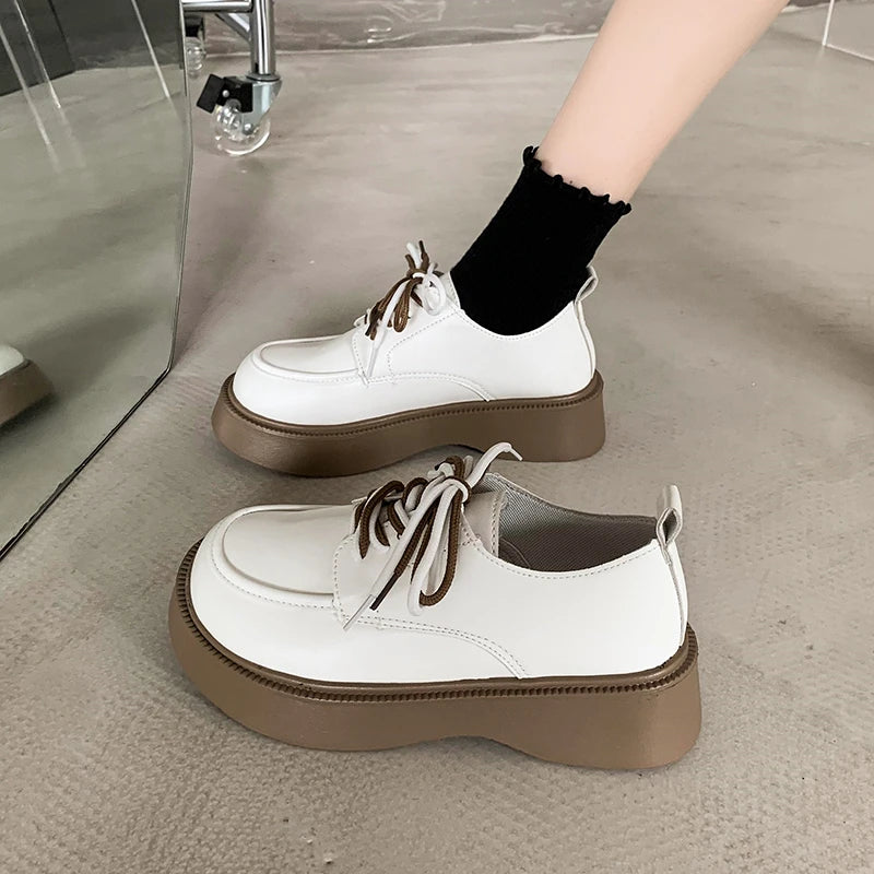 Futurecen  -  New Spring Casual Women Loafers Leather British Style Women Shoes Lace-up Platform Student Girls Shoes