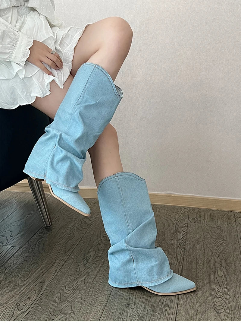 Futurecen Retro Style Women Western Cowboy Boots Fashion Slip On Thick Heel Long Booties Autumn Winter Female Denim Shoes