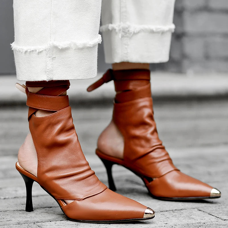 New Pointed Toe Slingback Ankle Boots Brown Slingback Strappy Breathable Cool Boots High Heels Sexy Ladies Dress Women'S Boots