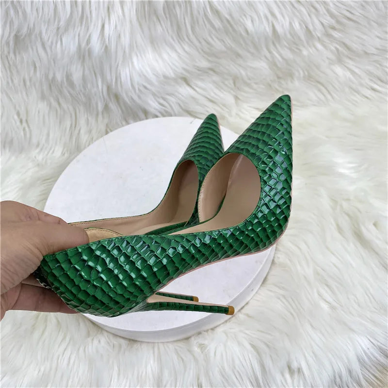 Futurecen  Green Croc-Effect Women D'Orsay Inisde Cut Pointed tOe Stiletto Pumps Sexy Ladies Party Night Club High Heel Shoes