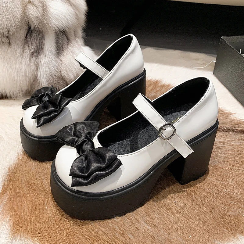 Women's Fashion Bowknot Platform Pumps Mix Color Chunky High Heels Mary Jane Shoes for Women Patent Leather Ankle Strap Pumps