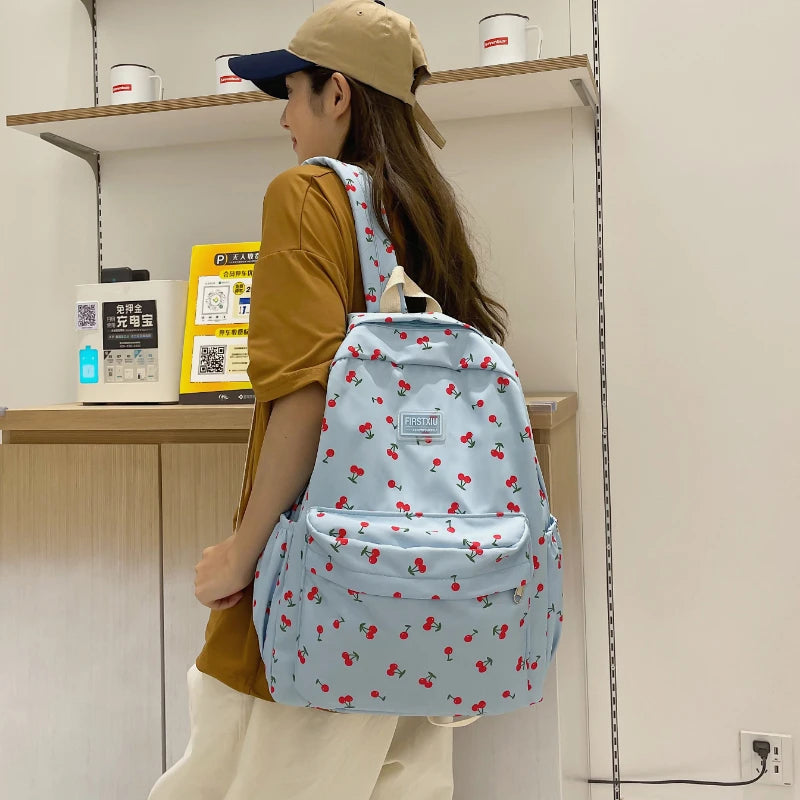 Futurecen Women Trendy Print School Bag Female Laptop College Backpack Fashion Lady Kawaii Bag New Girl Cherry Floral Travel Book Backpack