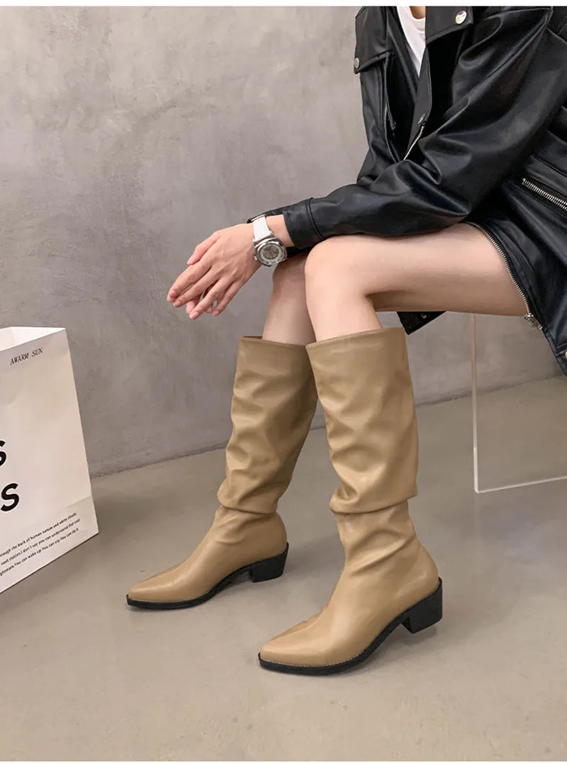 Futurecen Winter Women's Knee High Boots Fashion Slip On Pleated Long Botas Ladies Elegant Square Low Heel Shoes Women's Knight Bootties