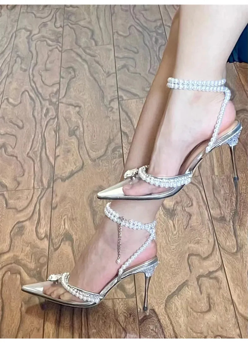 Futurecen Fashion Clear Plexiglass Women Sandals Crystal Pearls Ankle Strap High heels Gladiator Sandals Spring Summer Party Prom Shoes