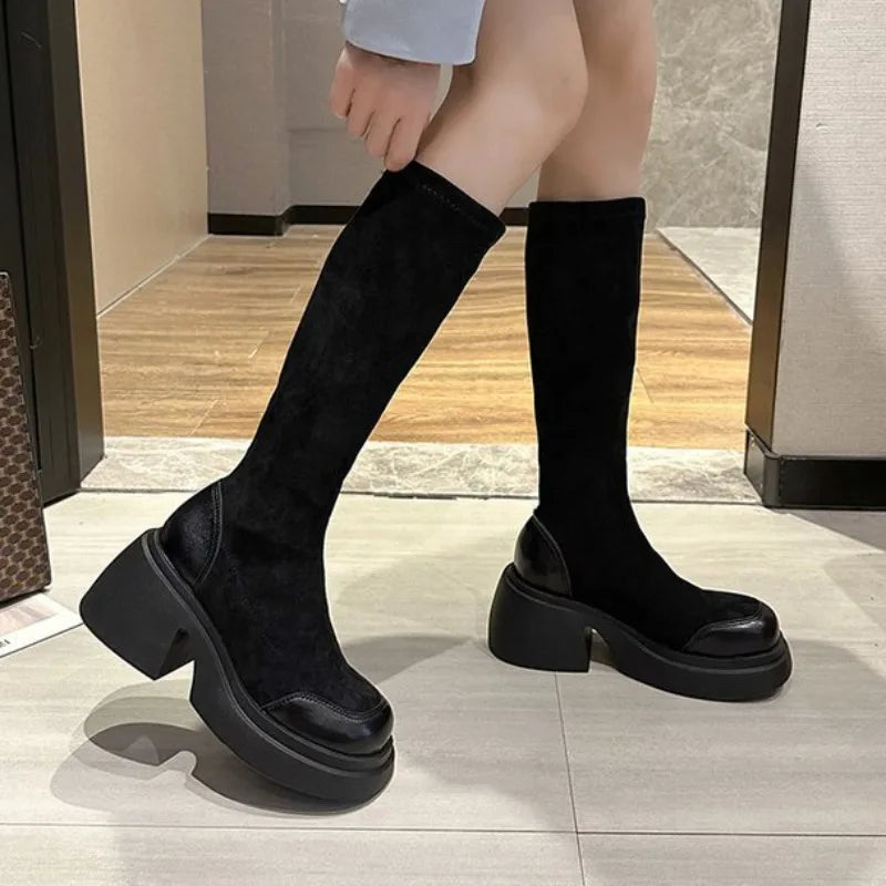 Futurecen  -  Women Suede Platform Boots Classic Black Winter Motorcycle Boots Retro Elastic Socks Overshoes Knee High High Heels Shoes