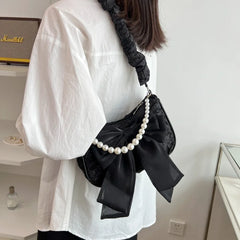 Futurecen  - fancy bags Black Pearl Female Shoulder Bag Fashion Underarm Ins Bow Ribbon Handbags Designer Personality Lady Summer Bags With Short Handle