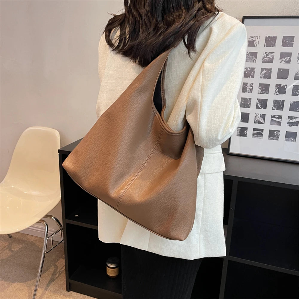 Futurecen  Simple Fashion Single Shoulder Tote Bag Set For Women Soft Leather Pure Color 2-In-1 Large Capacity Shopper Tote Handbags Female