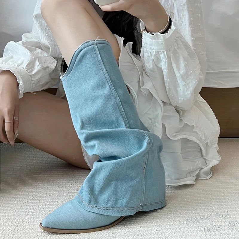 Futurecen Retro Style Women Western Cowboy Boots Fashion Slip On Thick Heel Long Booties Autumn Winter Female Denim Shoes